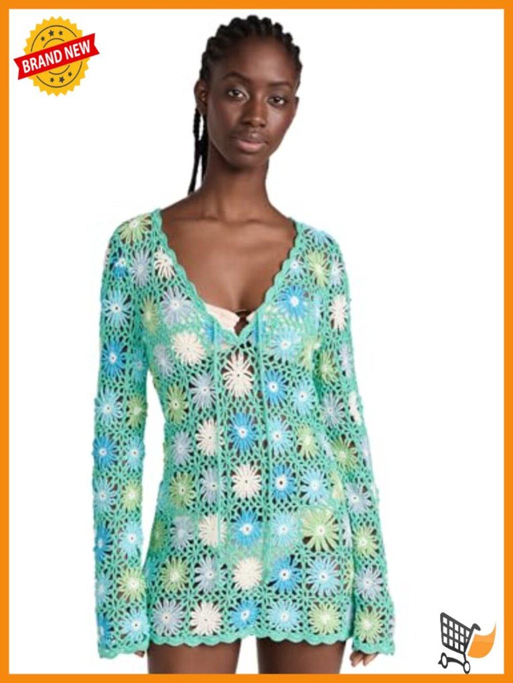Mid-weight Crochet Floral Long Sleeve Swing Mini Coverup V-Neck Sheer Beach